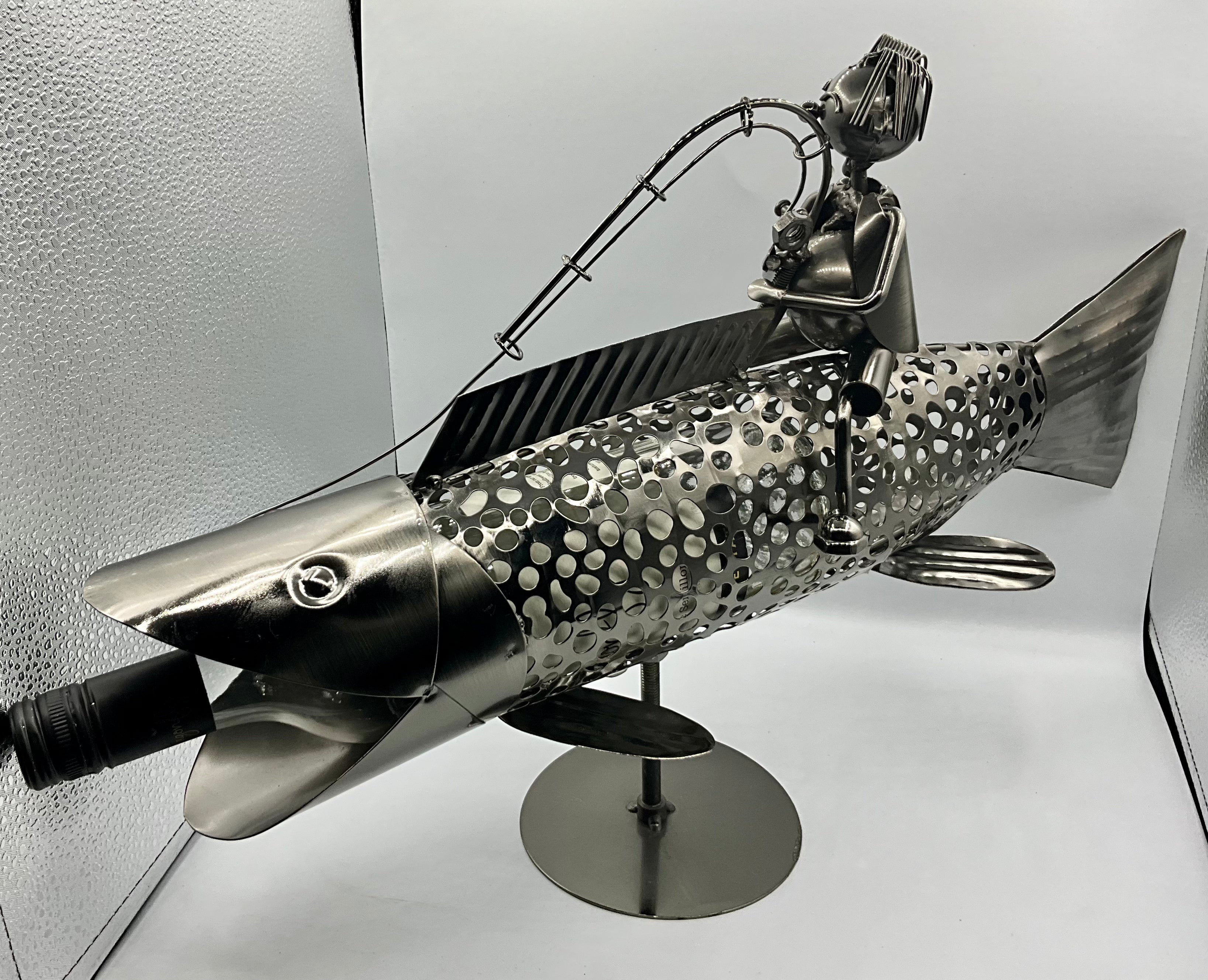 LARGE FISH WITH FISHERMAN WINE BOTTLE HOLDER