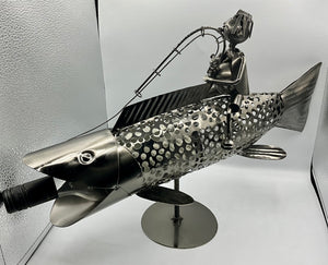 LARGE FISH WITH FISHERMAN WINE BOTTLE HOLDER